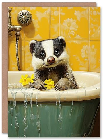 Artery8 Personalised Cute Badger in Bathtub Yellow Daisy Theme Bath For Her Woman Birthday Card