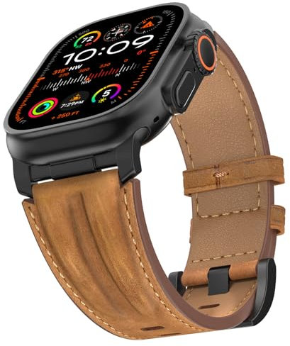 Bouixel Top Grain Genuine Leather Strap Compatible with Apple Watch Ultra 3 Straps 49mm 46mm 45mm 44mm 42mm, Rugged Metal Connector Band for Women Men iWatch Ultra 2/1 Series 11 10 9 8 7 6 5 4 3 SE