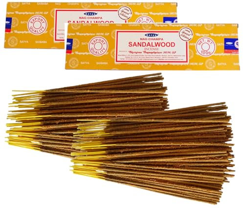 Bâtonnets d'encens au Bois de Santal Satya - 2 Paquets de 100g (Entre 160 et 180 bâtonnets) - Aromathérapie - Méditation - Yoga - Emballage écologique