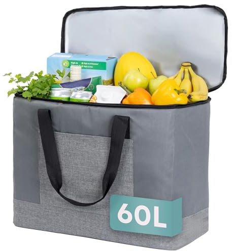 Fineway 60L Large Cool Bag - Thermal Large Cooling Bag with Shoulder Strap, Insulated Shopping Bags for Frozen Food - Water-Resistant Freezer Bags for Shopping, Grocery, Picnic, Camping, Beach, Travel