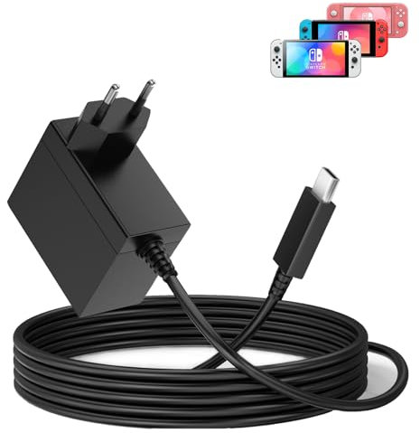 Switch Ladekabel Kompatibel mit Nintendo Switch/Lite/OLED/Deck Dock/Pro Controller Unterstützt TV Modus, 45W Netzteil Typ C Schnelllades Ladegerät mit 1.5M/5FT