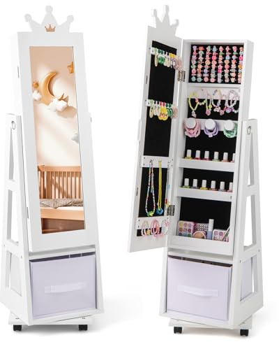 DREAMADE Armoire à Bijoux Enfants à 360°,Organisateur de Bijoux Enfant en Bois avec Miroir,Tiroir Pliable,Anti-Bascule,Crochets,Miroir Pleine Longueur sur Pied pour Filles (Blanc avec Roulette)