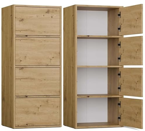 BDW Moderne Kommode ALMA mit 4 Türen, 50 x 119 x 40 cm, Kinderzimmer, Wohnzimmer, Flur, Tip-ON-System - Eiche Artisan