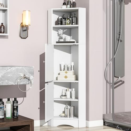 A ALFRESCOOL Badschrank, Badmöbel, Eckschrank mit Zwei Ablagefächern, Offenes Fach mit Verstellbarem Einlegeboden, 36.5X 36.5 x 155 cm, weiß