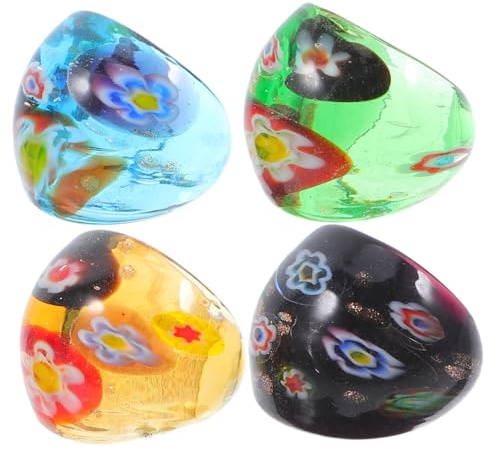 Lernglas Ring 4 Stück 2,5x2,5x2,2cm Damen Frauen Schmuck | Glas Schmuck, Cooles Ethno Design, für Abschlussfeier und Party, Farbige Muster Zufälliger Stil
