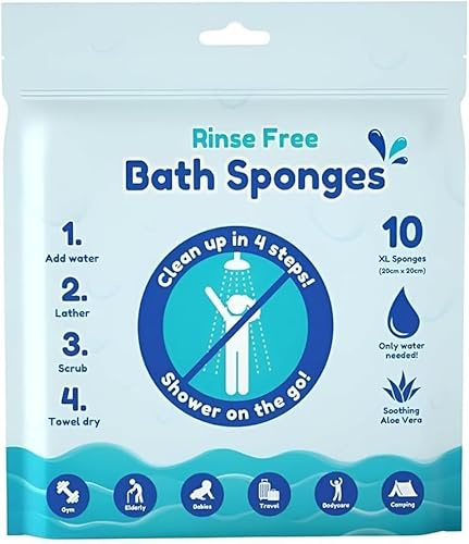 Claryon Rinse-Free Bath Sponges with Aloe Vera, Extra Large, Pack of 10, for Travel and Camping