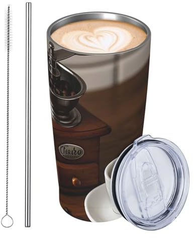 JKASDTRP Thermobecher aus Edelstahl, 590 ml, auslaufsicher, Reise-Kaffeetasse mit Deckel und Strohhalm, Kaffeetasse, Mahlwerk, Trinkbecher, Geschenke für Frauen, Männer, Liebhaber