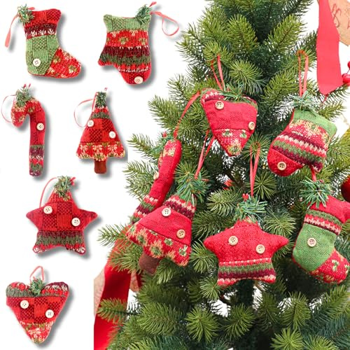 6er-Set gestrickte Weihnachtsanhänger für Baum und Kamin | Mit Stiefel, Baum, Stern, Zuckerstange, Herz und Fäustling für Tür, Geschenke und rustikale Weihnachtsdeko
