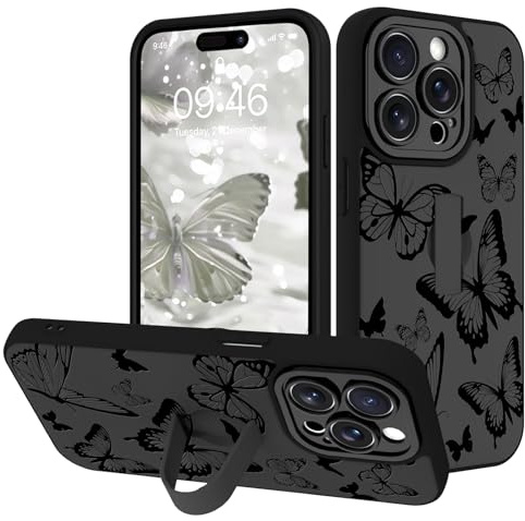 Fsoole for iPhone 13 Pro Case with Finger Strap Holder, Cute Cool Butterfly Print Pattern Design for Women Men, Shockproof Anti Scratch Hand Kickstand Protective Cover, Gray