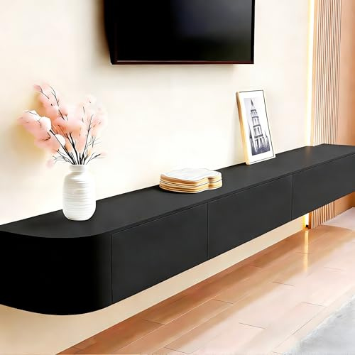 Wrtsxe Schwebende TV-Ständer aus Massivholz zur Wandmontage, Wand-Entertainment-Center mit Lagerschränken und herunterklappbaren Türen, schwebend für Wohnzimmer, Schlafzimmer, Büro (Noir, 180cm)