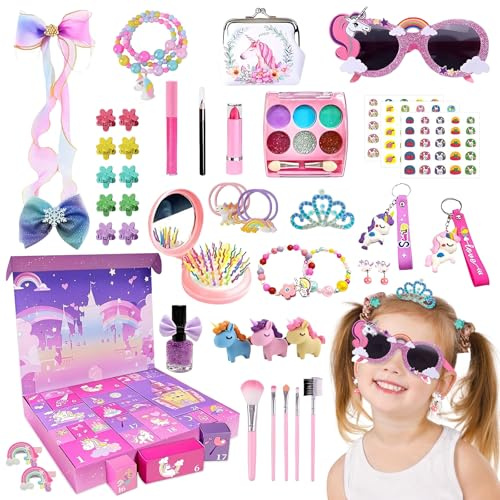 Adventskalender 2025 für Mädchen, 24 Tage Weihnachts Countdown Einhorn Geschenke für Kinder, mit 24 Magischen Überraschunge, Weihnachts Countdown Kalender, Einschließlich Spielzeug und Haarschmuck