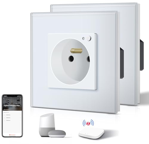 BSEED Prise Connectée Programmable, Prise Electrique Intelligente Compatible avec Alexa/Google Home/Tuya APP, 2 Paquets, Prises de courant Zigbee(hub ZigBee nécessaire), 86mm, Blanc