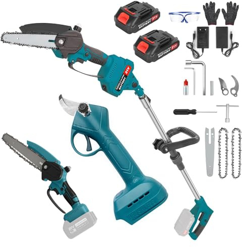 6 Zoll Mini Kettensäge mit Teleskopstange & 25 mm Elektro Gartenschere, 4 in 1 Akku Hochentaster mit 2 x 3000mAh Batterien, Elektro Hochentaster AstsäGe FüR Baumzweige, Holzschneiden