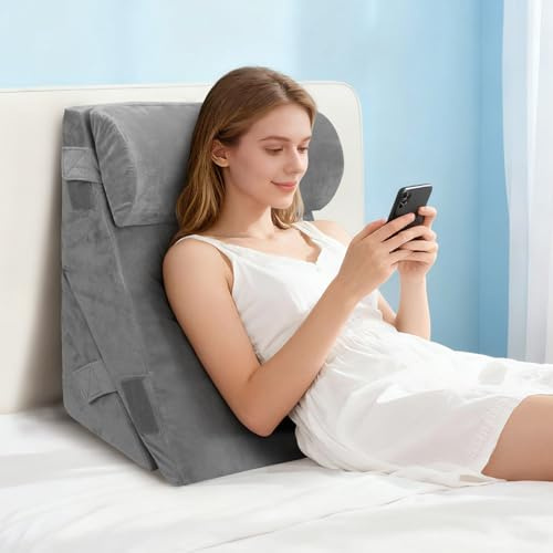 Keilkissen für Bett und Sofa, 12 Einsatzmöglichkeiten, Doppelte Lage Memory Schaum Lesekissen, Verstellbares Keilkissen, Ergonomisches Rückenkissen Bett, Unterstützung von Beinen(Grau) (44*49*27cm)