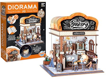 Diorama Panificio - Modellino da forno in miniatura in legno con LED - Diorama DIY 179 pezzi - Kit costruzione decorazione camera da letto - dai 10 anni - 14,5 x 16,2 x 18 cm - BUKI France - 68073