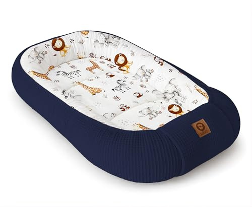Babynestchen Neugeborene – Nestchen Baby aus Waffel Baumwolle & Baumwollstoff – Babynest für Babybett & Kinderbett – Baby Kokon Tragbar – OEKO-TEX zertifiziert – Zubehör für Babybett - ZOO und Marine