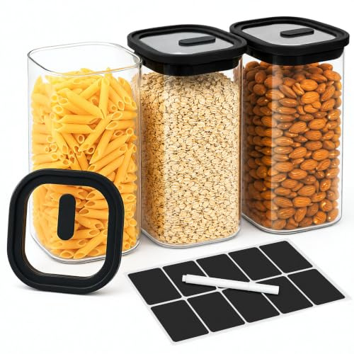 VIRETH HAUS Bocal en Verre Hermétiques avec Verre Couvercle, 3pcs 1200ml | Pot en Verre Carrées avec Couvercles Transparents, Boîte Rangement Cuisine avec étiquettes et Stylo, Convient Pour Céréales