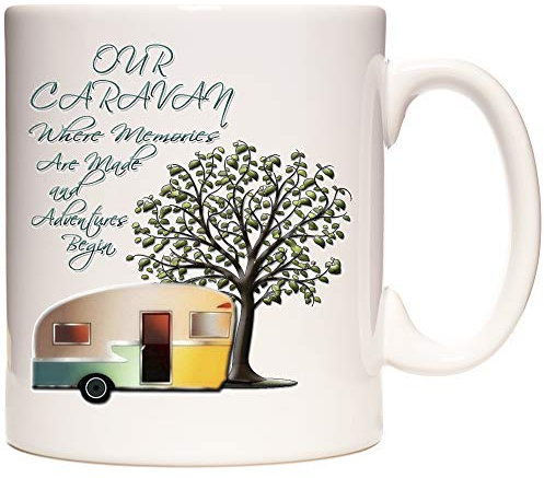 Taza para caravana, donde se hacen recuerdos y empiezan las aventuras. Taza de cerámica. Posavasos a juego. Se puede personalizar. Apto para lavavajillas.