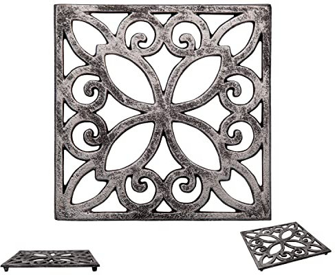 Decorative Cast Iron Trivet For Kitchen Or Dining Table | Square with Vintage Pattern -With Rubber Pegs/Feet - Recycled Metal - Vintage, Rustic Design - Rust Silver Color - by Comfify