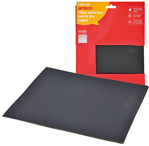 Amtech - Papel de carburo de silicio húmedo y seco para lijar metal, madera, vidrio y más, bricolaje en casa, ideal para carrocería de vehículos, impermeable, duradero y duradero, incluye 3 granos (10