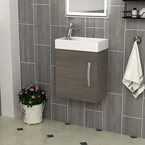 Modern Bathroom Vanity Unit 400mm 1-Door Wall Hung Storage Cabinet Basin Sink Grey Elm Cloakroom