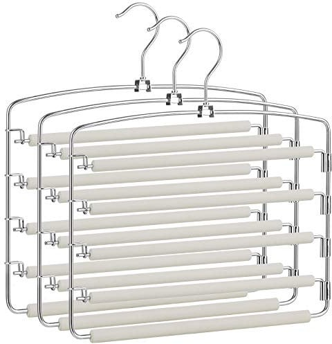 SONGMICS Grucce per pantaloni, Set di 3 grucce in metallo a più livelli, salvaspazio, antiscivolo, barre girevoli, per jeans, pantaloni, cravatte, cinture grigio e argento CRI041GY