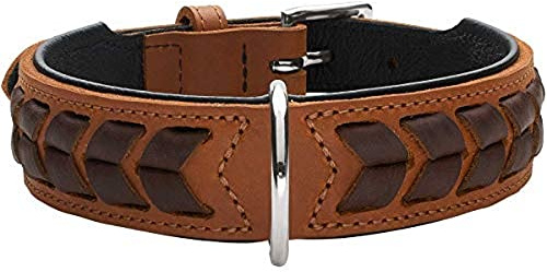 HUNTER EL Paso Hundehalsband mit robustem, geschmeidigem Rindsleder, handgeflochten Farbe Cognac/schwarz, Größe L