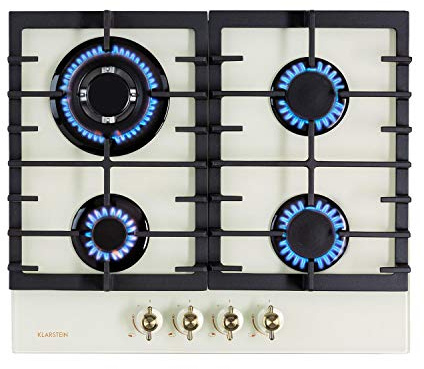Klarstein Victoria gas hob, built-in, Sabaf burner, natural/propane gas, safety valves, automatic switch-off, cast iron pan supports, glass ceramic retro look, 4 flames, white
