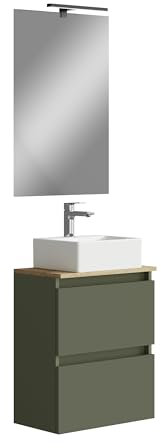 Baikal MAIA, Conjunto de Mueble de Baño. Mueble pequeño con Lavabo cerámico y Espejo con Aplique luz LED. Mueble Suspendido en Pared. Varios Acabados y Medidas. Mueble Montado.