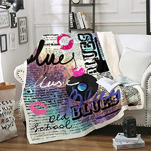 Homemissing Alte Zeitung Kuscheldecke Musik Rock Schallplatte Decke 220x240cm Gitarre Old School Retro Blaus Mehrfarbig Flanell Fleecedecke Klassisch Musik Wohndecke für Schlafsofa Couch