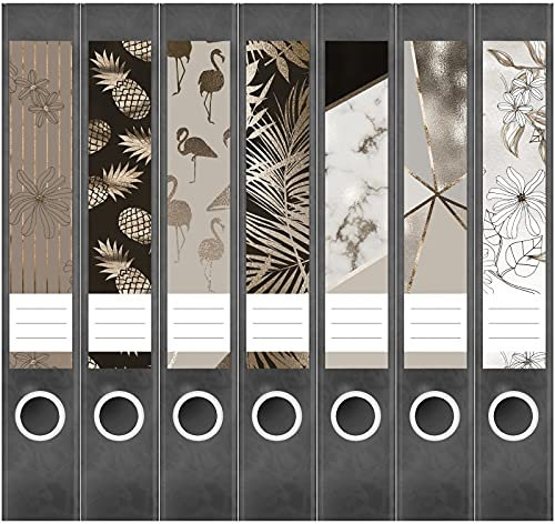 Etiketten für Ordner | Muster Mix 2 Bronze Look | 7 Aufkleber für schmale Ordnerrücken | Selbstklebende Design Ordneretiketten Rückenschilder