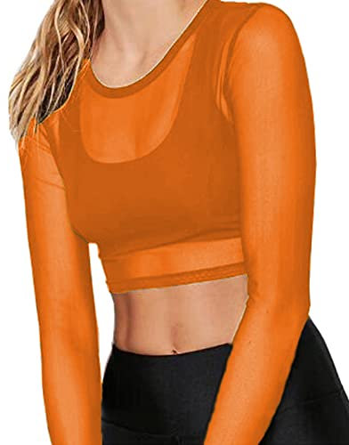 BelleLovin Women's Sheer Mesh Long Sleeve Crop Top Sexy Tee Blouse, Orange, XL
