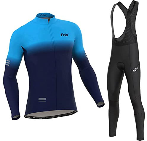 FDX Men's Classic Duo Winter Cycling Suit, Thermal, Lightweight Super Roubaix, Windproof Clothing Set, Long Sleeve Jersey with 3D Padded Bib Tight for Biking Riding, Outdoor Sports (Duo-Blue-M)