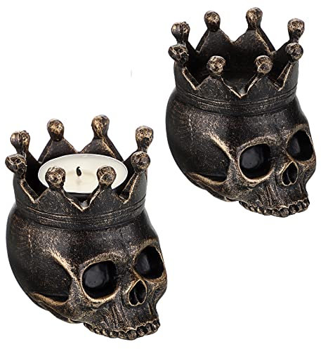 Tolida Totenkopf Teelichthalter Gruselig Gruselige Teelicht Votivkerzenhalter Gothic Schrecklicher Totenkopf Bild Skelett Dekorativer Kerzenhalter für Halloween Geheimkammer Dekor (Bronze)