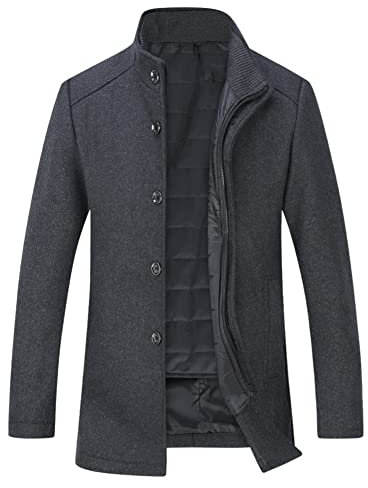 YOUTHUP Mens Wool Coat with Gilet Winter Thick Trench Coat Casual Outdoor Warm Peacoat, Grey, L