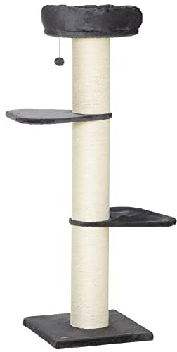 PawHut Arbre à Chat griffoir sisal Naturel 2 Plateformes Panier Observation Jeu Boule Suspendue Peluche Grise