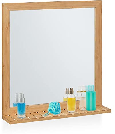 Relaxdays Wandspiegel mit Ablage, Bambus Rahmen, HBT 61,5x60x12 cm, Hängespiegel Badezimmer, Garderobe & Gäste-WC, Natur