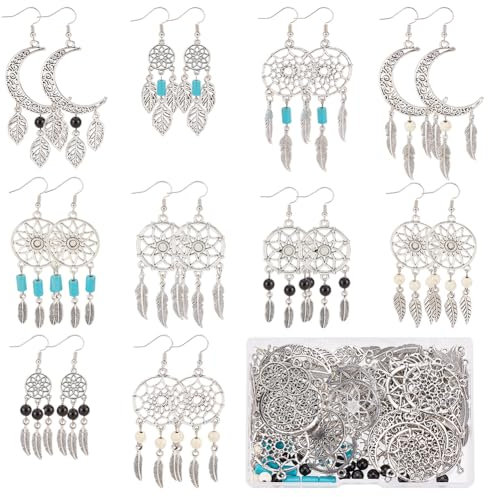 SUNNYCLUE 1 Box DIY 10 Paar Traumfänger Charms Im Boho Stil Ohrringe Bausatz Bohemian Kronleuchter Charms Halbmondblatt Charm Feder Charms Synthetische Türkis Perlen Für Schmuckherstellungs Kits