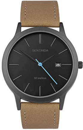 Sekonda Bergen Mens 39mm Quartz Watch in Black with Analogue Date Display, and Tan Leather Strap 30133