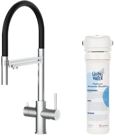 Living Water Wasserfilteranlage, Untertisch-Wasserfilter-Wasserhahn mit 3-Wege-Edelstahl-Armatur, LivingTap Basic Wasserspender mit Brause-Auslauf