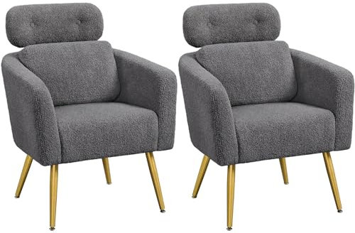 Yaheetech Loungesessel 2er Set aus Bouclé-Gewebe Sessel Polstersessel mit höhenverstellbarer Kopfstütze Fernsehsessel mit Metallbeinen für Wohnzimmer/Büro Dunkelgrau