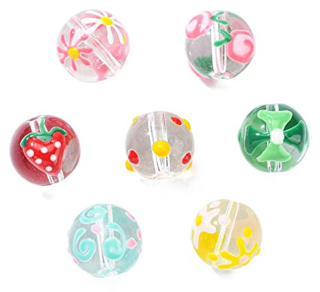 Stiesy 14 cuentas redondas de 7 estilos hechas a mano con patrón de flores de fresa, cuentas espaciadoras de bolas de cristal para manualidades, pulseras, fabricación de joyas
