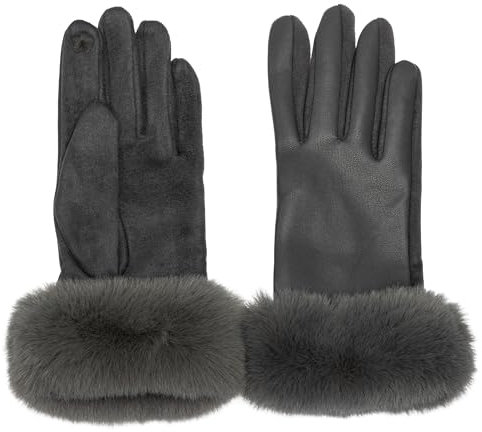 Caspar GLV017 klassisch elegante uni Damen Handschuhe mit Fell Dekor, Farbe:dunkelgrau, Accessoires:One Size
