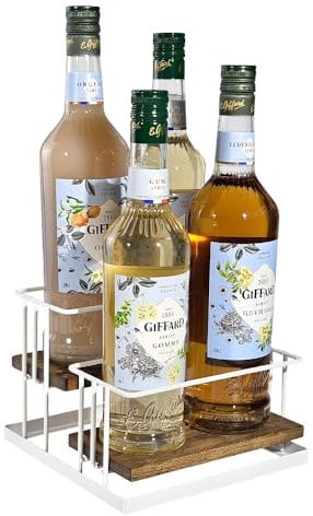 J JACKCUBE DESIGN Cofee Syrup Bottle Holder Rack, Rustic Wood and White Metal Wire 2 Tier 4 Syrup, Wine, Dressing Bottle Countertop Display Storage Stand for Kitchen Coffee Bar- MK816F