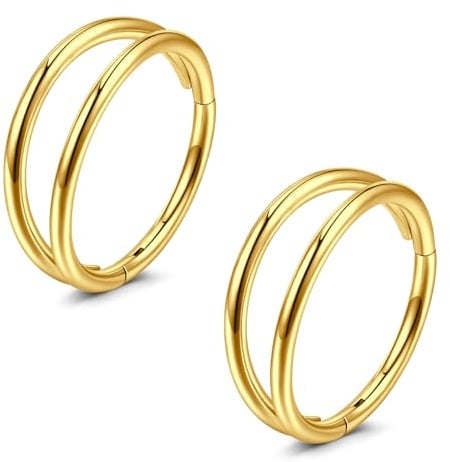 JFORYOU 2Stk Helix Piercings Nasenpiercing Ring Chirurgenstahl 6mm Double Hoop 20G Hinged Clicker Septum Knorpel Conch Daith Tragus Rook Piercing Schmuck Gold für Männer und Frauen