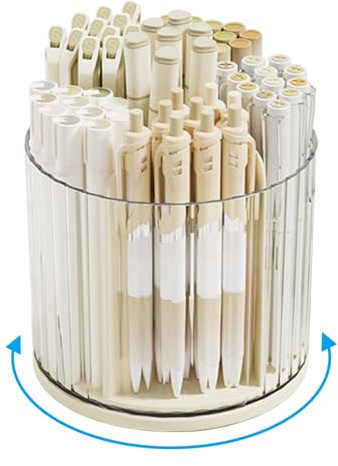 Marte Vanci 360 Degree Rotating Pen Holder Desk Stationery Organiser Tidy Organiser for Pencil Makeup Painting Brush Cosmetic Craft Storage Bin Pen Pot for Home Office School 6 Slots Beige