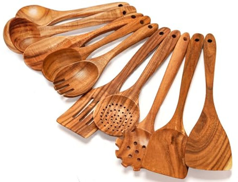 10 Pcs Teak Wood Cooking Utensil Set – Wooden Spoons for Cookers, Sturdy, Lightweight, and Heat-Resistant. Wooden Kitchen Utensils for Nonstick Pans & Cookwares