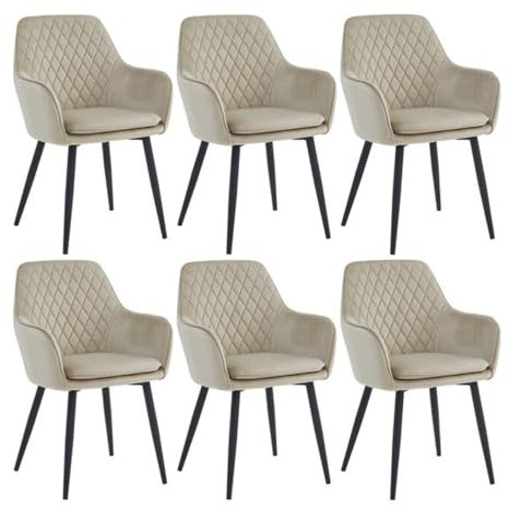 Colenis® - Laura Chaise de Salle à Manger - Lot de 6 - Beige - Velours - Design - Chaise de Cuisine - Assise rembourrée en - Pieds en métal