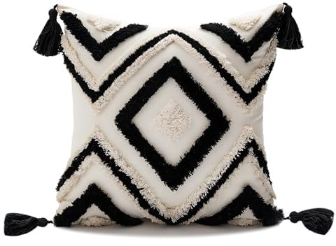 YULUOSHA Dekorative Boho Kissenbezug,Boho Kissen Beige Deko Baumwolle Dekokissen Marokko getuftete Kissenhülle Kissenbezüge Quaste für Sofa Schlafzimmer Wohnzimmer Dekor (1, schwarz, 45 x 45 cm)