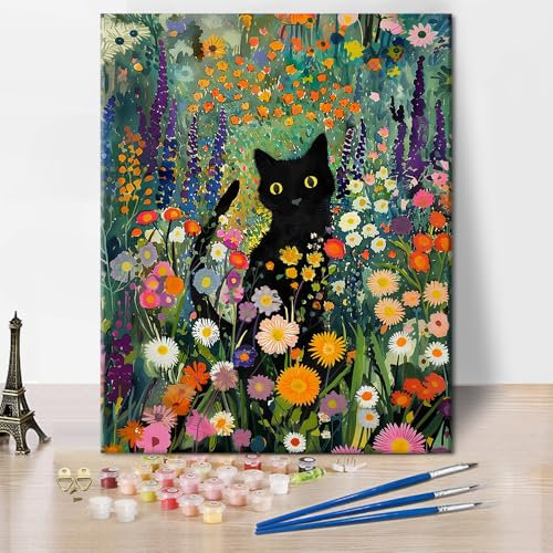 TISHIRON Peinture par Numéros pour Adultes - Chat Noir, Huile et Acrylique sur Toile - Kit DIY Animaux et Fleurs Colorées pour Décoration Murale